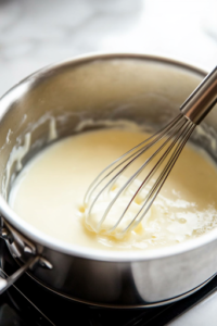 A close-up shot of the same stainless steel saucepan on the white marble cooktop, with milk being slowly poured and whisked into the butter and flour mixture. The sauce thickens into a smooth, creamy consistency, forming the perfect base for a rich cheese sauce.