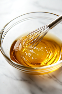 A close-up view of a glass mixing bowl on a white marble cooktop, where a small whisk is stirring together extra-virgin olive oil, minced shallots, white wine vinegar, honey, sumac, and kosher salt. The golden dressing glistens as it emulsifies, creating a smooth and flavorful mixture.