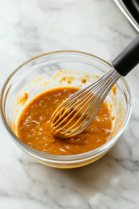 A close-up shot of a small glass mixing bowl on a white marble cooktop, where spicy mayo is being whisked together from olive oil mayo, sriracha, soy sauce, and honey, creating a creamy, vibrant sauce for drizzling.