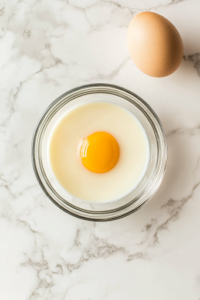 A close-up of another glass bowl on a white marble cooktop, containing milk, egg, and vanilla extract. A fork is gently whisking the wet ingredients together, creating a smooth and creamy mixture ready to combine with the dry ingredients.