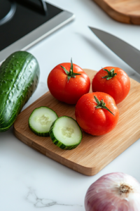 A close-up view of a wooden cutting board on a white marble cooktop with two ripe tomatoes, a cucumber, and an onion. A sharp chef’s knife is positioned nearby, ready for chopping, as the fresh ingredients await preparation.