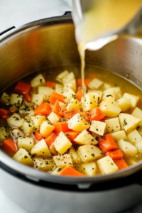 Diced potatoes and carrot chunks being added into the Instant Pot insert over the white marble cooktop, followed by a pour of golden vegetable broth with seasonings visible.