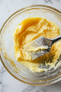 Close-up shot of another glass mixing bowl on the white marble cooktop, where softened butter, white sugar, and packed brown sugar are being beaten together into a creamy consistency. A hand mixer is partially visible.