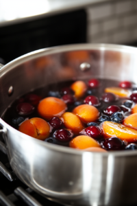 Close-up of a large pot on the stovetop, with apricots, cherries, and blueberries being gently added into the boiling water. The fruit begins to release its juices, tinting the water with beautiful hues of red and orange.
