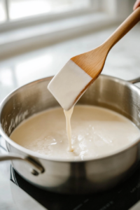 Close-up of a stainless steel saucepan on a white marble cooktop as milk is slowly poured in. A wooden spatula stirs continuously, creating a creamy, thick sauce.