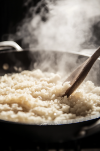 Steaming boiling water is being poured into the skillet while Knorr® Rice Sides – Chicken Flavor is stirred in. The rice mixture begins to absorb the flavorful broth, creating a rich and hearty base for the dish.