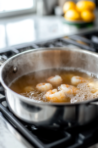 A close-up shot of the stainless steel saucepan on the white marble cooktop as the shrimp shell broth comes to a rolling boil. Steam rises from the pot, and the bay leaves swirl in the bubbling water.