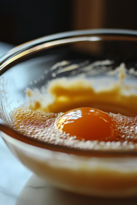 A glass mixing bowl on a white marble cooktop with fluffy butter and sugar mixture. Vanilla extract is being drizzled in, and a cracked egg is ready to be mixed.