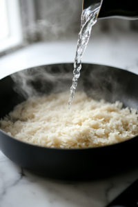 A black saucepan on a white marble cooktop, as water is carefully poured into the toasted Bomba rice. Steam rises as the water meets the hot pan.