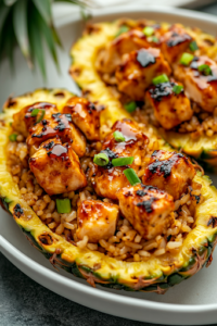 Two pineapple halves filled with fluffy cooked brown rice, topped with glossy teriyaki chicken. The dish is beautifully arranged, ready for garnishing.