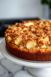 A close-up shot of the golden-brown Apple Streusel Cake fresh out of the oven, sitting on the white marble cooktop. The streusel topping is crisp and slightly caramelized. A toothpick inserted in the center comes out clean.