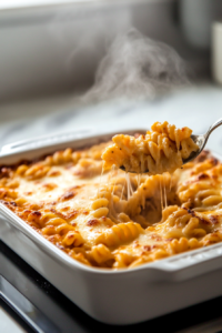 Close-up of a baking dish inside the oven, covered with foil, as the pasta bakes at 400°F. The cheese sauce bubbles slightly at the edges.