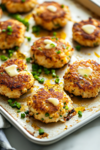 Close-up of golden-brown crab cakes on a greased baking sheet on the white marble cooktop, fresh out of the oven at 400°F, with small pats of melted butter glistening on top.