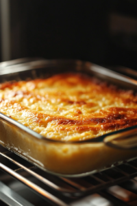 A close-up shot of a glass baking dish inside the oven, as the lemon cream cheese dump cake bakes to a golden-brown perfection. The top is bubbling and slightly crisp, with hints of melted butter creating a rich texture.