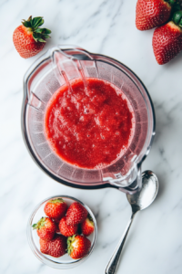 A high-speed blender on a white marble countertop, blending fresh strawberries into a smooth, vibrant red puree. A small glass bowl of whole strawberries and a spoon rest nearby, ready for tasting.