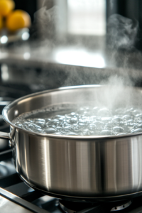 Close-up of a large stainless steel pot on the stovetop, filled with a rolling boil of crystal-clear water. Steam rises from the surface, ready for the fresh fruit to be added.