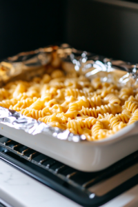 Close-up shot of creamy mac and cheese made with semolina rotini pasta in a white ceramic baking dish, covered with foil and placed inside the oven. The dish is nestled over the white marble cooktop, ready to bake for 20 minutes.