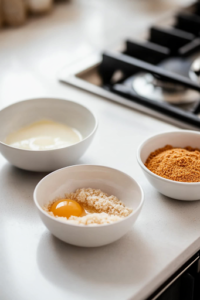 Three bowls on a wooden countertop: one with a whisked egg, another with white tapioca starch, and the last filled with cauli crunch (or panko) mixed with paprika, onion powder, garlic powder, and salt. A hand is dipping a piece of chicken into the egg mixture, preparing it for coating.