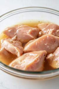 Raw chicken breasts soaking in a glass bowl filled with pickle juice and milk, placed on a wooden kitchen counter. The brining liquid looks slightly cloudy, and the chicken is fully submerged, ensuring tenderness and flavor.