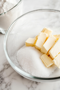 A close-up shot of a large glass mixing bowl over the white marble cooktop, with thin slices of butter, granulated sugar, and kosher salt. Warm water is poured in, causing the butter to soften.