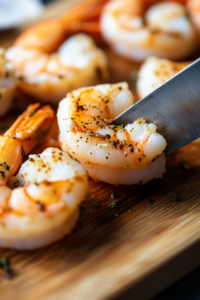 A close-up shot of shrimp being butterflied on a wooden cutting board. A sharp knife slices halfway through the inside curve of each shrimp, preparing them for stuffing.