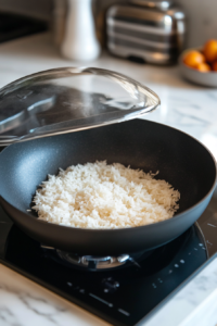 A black saucepan on a white marble cooktop, with a spoon checking the texture of the rice. A splash of water is added to adjust consistency.