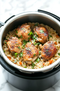 A close-up view of the black Instant Pot on a white marble cooktop with boneless, skinless chicken thighs neatly placed on top of the rice mixture. The lid is about to be sealed, ensuring everything will cook under high pressure.