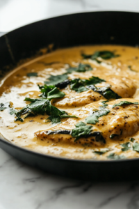 The black cast-iron skillet on the white marble cooktop, now with the seared chicken breasts nestled in the poblano sauce, gently simmering. The sauce coats the chicken, absorbing the rich flavors.