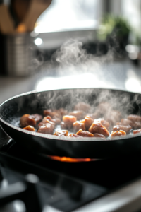 The black cast-iron skillet on the white marble cooktop, now with the teriyaki sauce poured over the golden chicken pieces. The sauce thickens and glazes the chicken, while fresh pineapple chunks are stirred in.