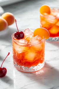 Close-up of a chilled glass of fruit kompot on a rustic wooden table, garnished with a fresh cherry and a slice of apricot. Ice cubes float in the ruby-red drink, making it the perfect summer refreshment.