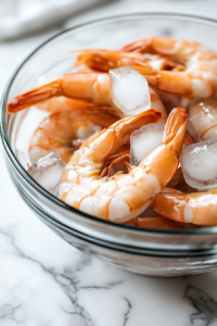 A close-up shot of the cooked shrimp resting in a glass bowl of cold water over the white marble cooktop. Ice cubes float around them as they cool down, ready to be served.