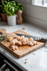 A close-up shot of cooked shrimp on a wooden cutting board over the white marble cooktop. The shrimp are being roughly chopped with a chef’s knife, ready for mixing.