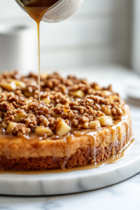 A close-up shot of a small glass bowl over the white marble cooktop, where confectioners' sugar, cinnamon, and milk are whisked together into a smooth glaze. The glaze is being drizzled over the cooled Apple Streusel Cake for a finishing touch.
