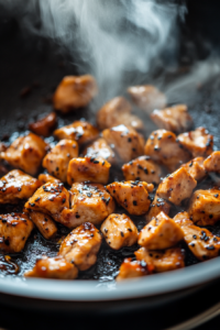 Close-up shot of the wok with cooked chicken added back in, coated in a dark, peppery sauce. Steam rises as black pepper and soy sauce glisten over the dish.
