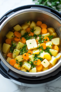 The cooked potatoes and carrots inside the Instant Pot insert over the white marble cooktop, with butter melting on top and fresh green onions and herbs sprinkled over.