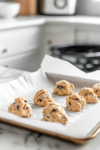 Close-up shot of a parchment-lined baking sheet on the white marble cooktop, with spoonfuls of cookie dough evenly spaced 2 inches apart, ready to be baked.