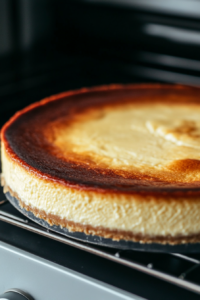A close-up shot of the baked cheesecake sitting in the oven with the heat turned off, cooling gradually. The edges are set, but the center looks slightly jiggly.