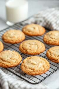 A golden batch of freshly baked banana cookies cooling on a wire rack. The cookies are soft and slightly domed, with lightly golden edges. A kitchen towel and a glass of milk sit nearby.