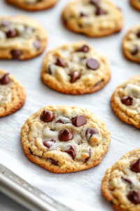 Close-up shot of warm chocolate chip oatmeal cookies cooling on a wire rack over the white marble cooktop. A single cookie is broken in half, revealing the gooey chocolate inside.