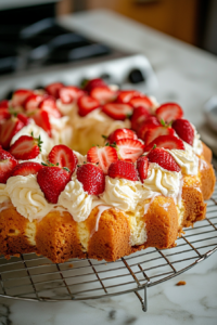 The strawberry cream cheese pound cake cools on a wire rack over the white marble cooktop. A knife is gently loosening the edges before the cake is inverted and ready to serve.