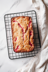A golden-brown strawberry rhubarb loaf rests on a cooling wire rack on a white marble cooktop. The loaf has risen beautifully with a slight crack on top.