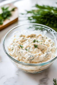 A close-up shot of the glass mixing bowl on the white marble cooktop, now covered with plastic wrap. The creamy seafood dip rests inside, ready to be refrigerated for optimal flavor infusion.