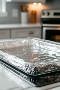 A glass baking dish on the white marble cooktop, now covered with aluminum foil. The dish is ready to be placed into a preheated oven set to 375°F (190°C), with the oven light glowing in the background.