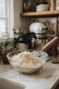 Close-up shot of another glass mixing bowl on the white marble cooktop, where softened butter, white sugar, and packed brown sugar are being beaten together into a creamy consistency. A hand mixer is partially visible.