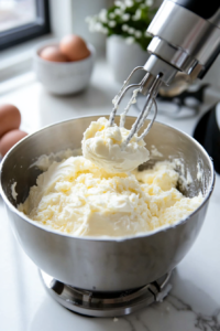 A close-up shot of a stand mixer bowl over the white marble cooktop, creaming together butter, white sugar, and brown sugar until light and fluffy. A hand mixer is partially visible, blending the ingredients smoothly.