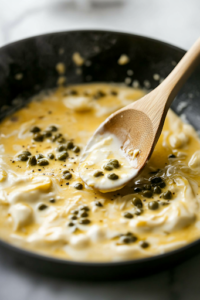 A black skillet on the white marble cooktop, with heavy cream, capers, and extra butter melting into a velvety sauce. A wooden spoon gently stirs, coating the sides of the pan with the rich, golden mixture, building layers of tangy and creamy flavors.