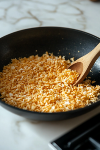 Close-up of a shallow pan on the white marble cooktop, filled with finely crushed cornflakes, evenly spread and ready for coating the crab cakes.