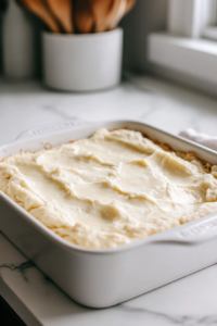 A close-up shot of a 9×13-inch baking dish over the white marble cooktop, brushed with melted butter. A soft, slightly sticky dough is evenly spread across the dish, resting before baking.
