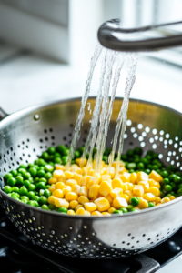 Close-up of a colander over the white marble cooktop, draining bright yellow corn and green peas under running water, ensuring they are fully rinsed.