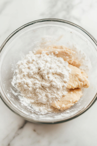 A glass bowl on the white marble cooktop, filled with all-purpose flour, grated parmesan, salt, and pepper. A hand is dredging a thinly pounded chicken medallion in the mixture, coating it evenly. Fine flour dust lingers in the air, highlighting the preparation process.